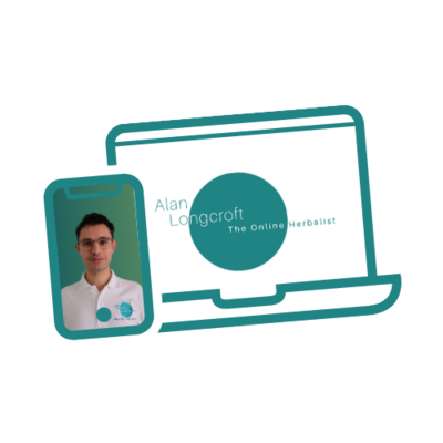 Logo design featuring a teal outline of a laptop containing a circular emblem displaying the text ‘Alan Longcroft – The Online Herbalist.’ A smartphone with a portrait of Alan Longcroft in a white polo shirt is positioned within the laptop outline
