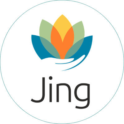 Circular logo featuring a stylised lotus flower in teal, green, yellow, and orange above a curved hand shape, with the word ‘Jing’ written below in black