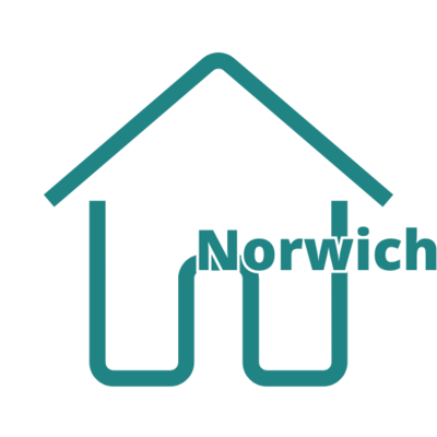 Teal outline of a house with the word ‘Norwich’ in bold text across the centre with transparent background