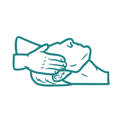 Teal icon of a person’s head gently held by two hands from sideways view, on a transparent background