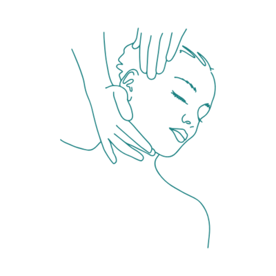 Teal icon of a person’s head turned to the side, the face supported by hands, on a transparent background