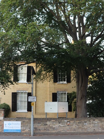 Two‑storey, yellow‑brick building with black shutters, partially shaded by a large tree in front. The top aspect of a low brick wall runs along the front.